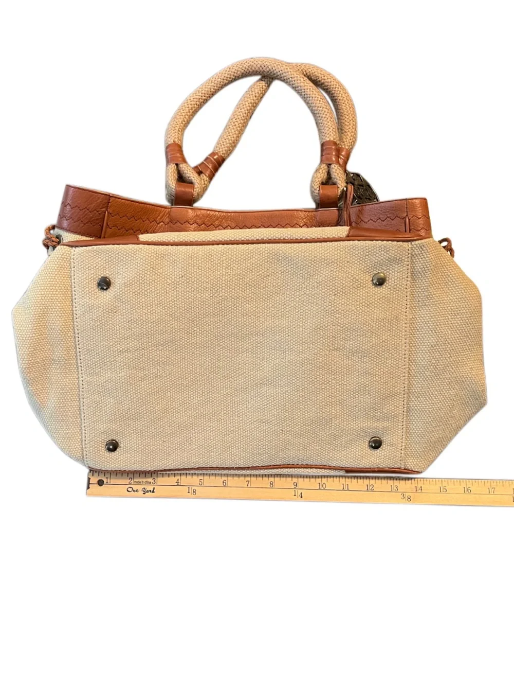Kate Landry Canvas & Leather Tote Bag Large Boho Chic Rope Handle Jute